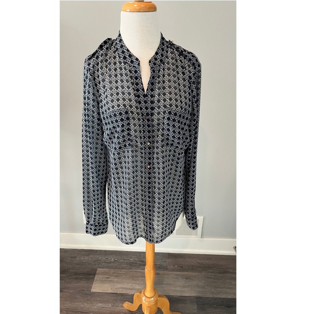 Banana Republic Navy White Geometric Lattice Print Button Down Blouse Top Mens M